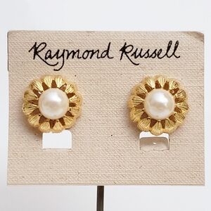 Vintage Raymond Russell Gold and Pearl Clip Earrings
